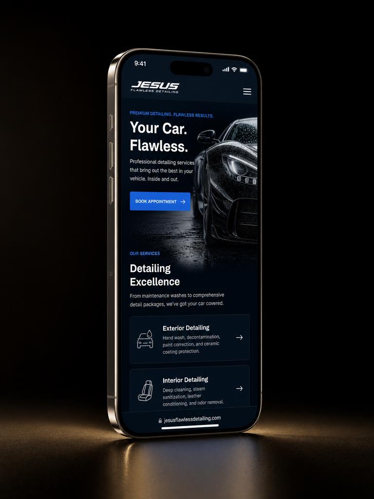 Jesus Flawless Detailing website mockup on a mobile phone
